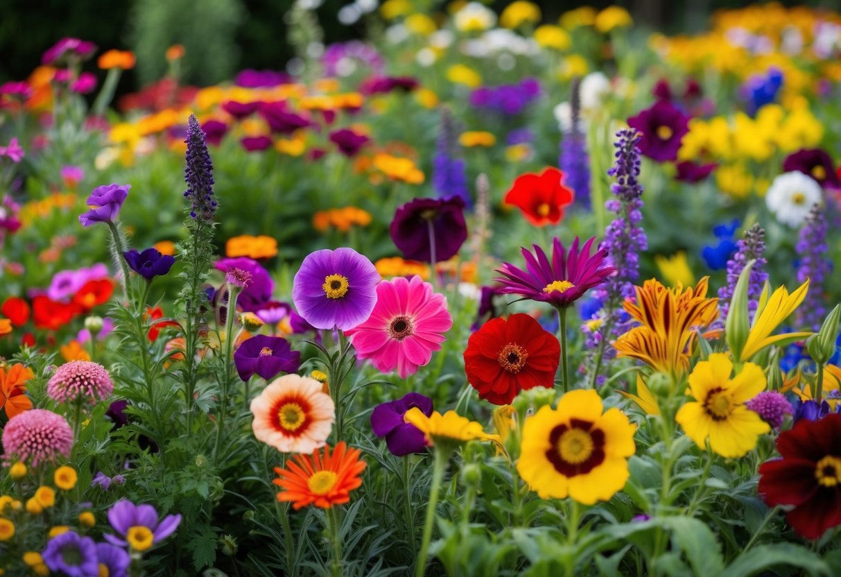 A garden filled with vibrant and diverse flowers, each showcasing their unique colors, shapes, and textures, creating a stunning display of natural beauty