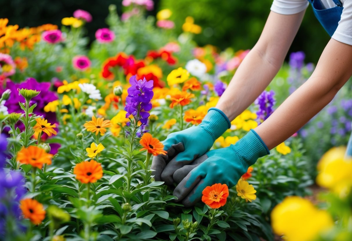 A vibrant garden bursting with colorful blooms, carefully tended to by a pair of hands in gardening gloves. The flowers stand tall and proud, showcasing their natural beauty to the world