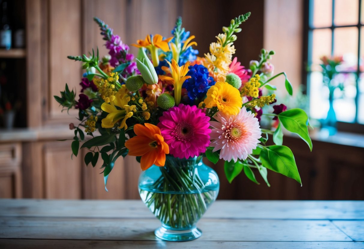 A vibrant bouquet of assorted flowers in a glass vase, with a mix of colors and shapes creating a visually stunning and harmonious composition