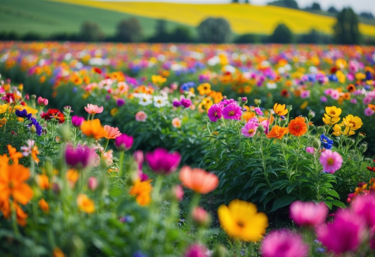 A field of vibrant, blooming flowers stretching as far as the eye can see, with a variety of colors and shapes creating a beautiful and serene landscape