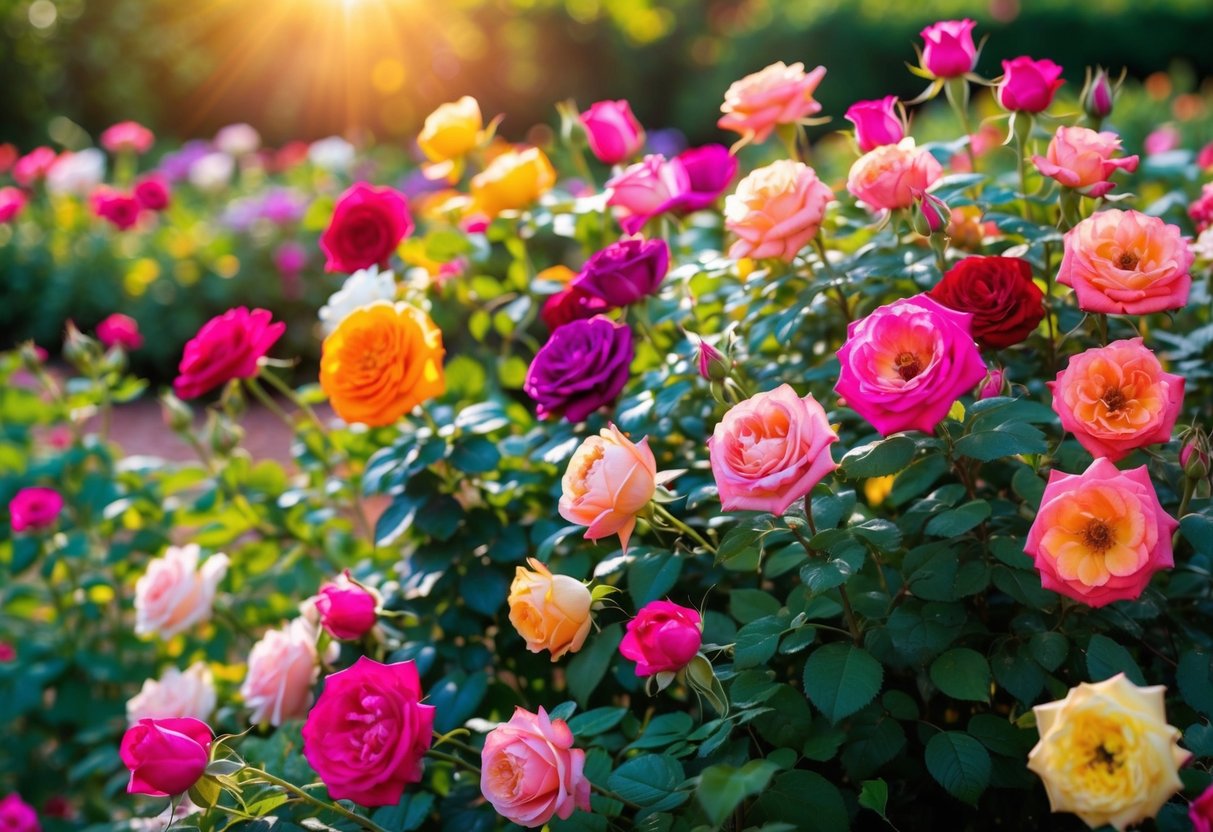 A garden filled with vibrant, blooming roses of various colors and sizes, all in full bloom under the warm summer sun