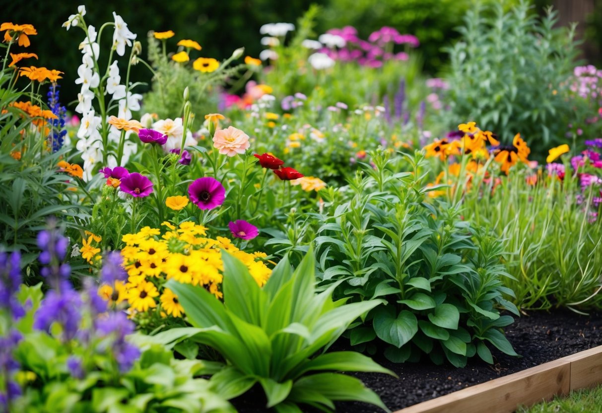 A colorful array of flowers and lush green foliage fill a well-tended garden bed, with a mix of tall, medium, and low-growing plants creating a visually appealing and balanced composition