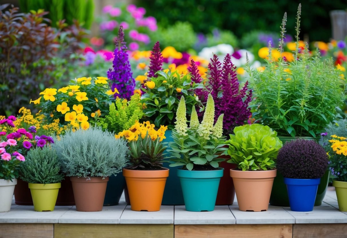 A colorful array of potted flowers and foliage arranged in a garden setting, showcasing a variety of textures and heights