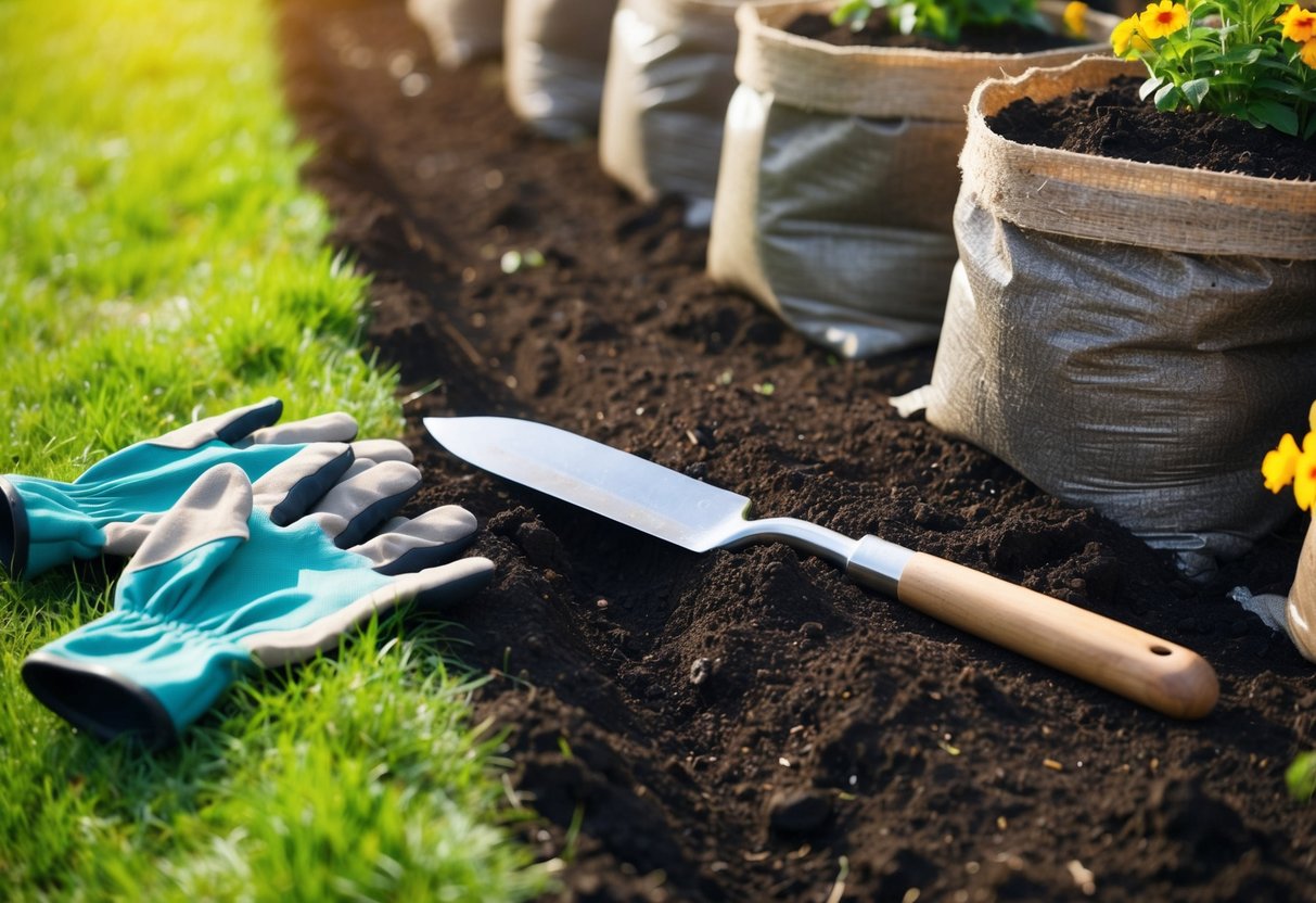 A pair of gardening gloves and a trowel lie on the ground next to a freshly dug flower bed, surrounded by bags of rich, dark soil