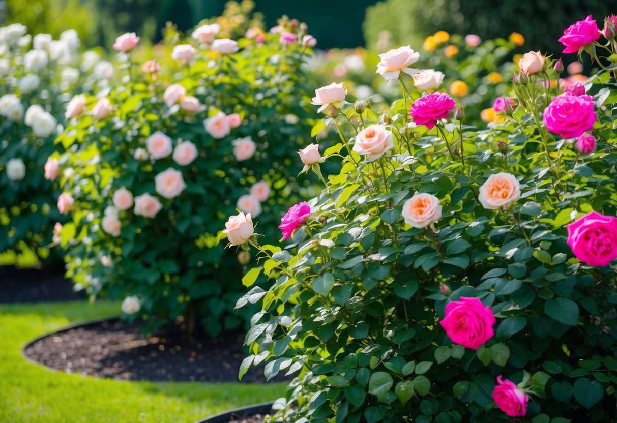 A lush garden showcasing a variety of rose bushes in full bloom, with vibrant colors and healthy foliage, creating a picturesque scene of summer beauty