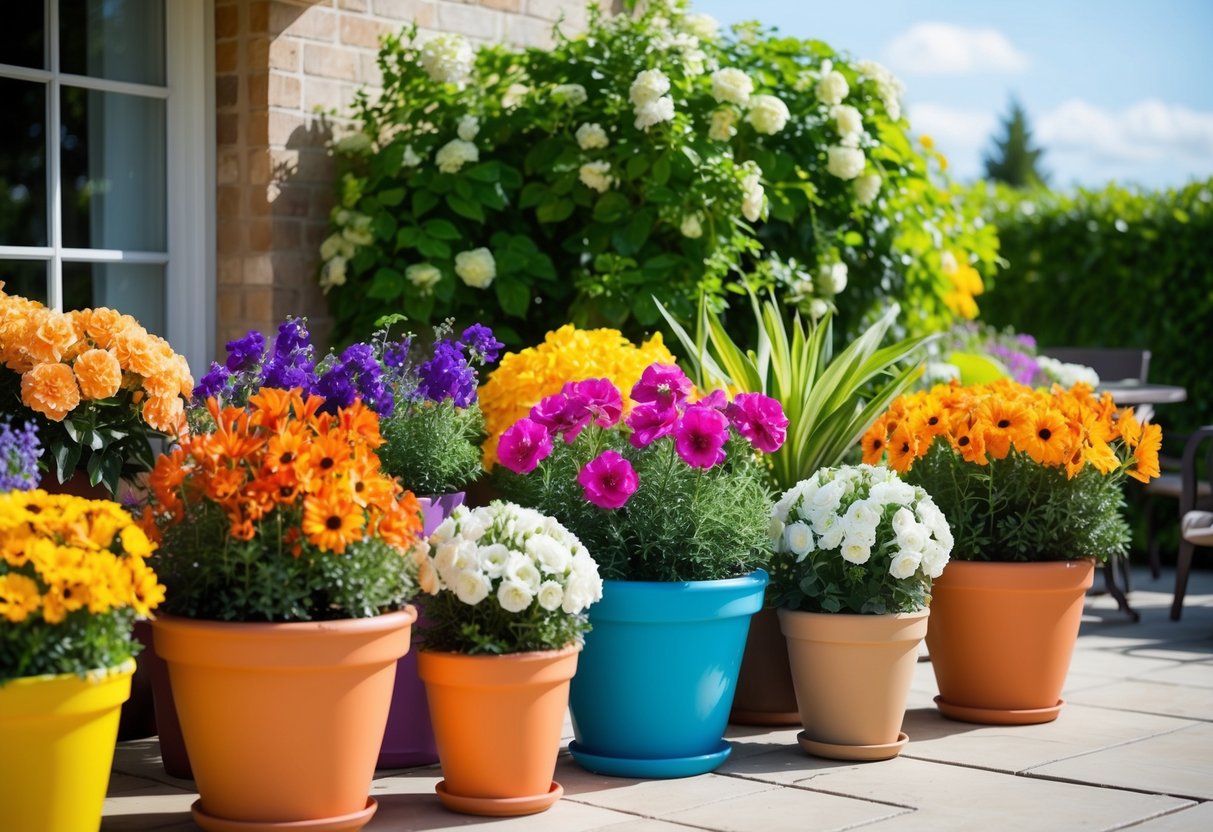 Brightly colored potted flowers arranged on a sunny outdoor patio, surrounded by lush green foliage and blooming in various sizes and shapes