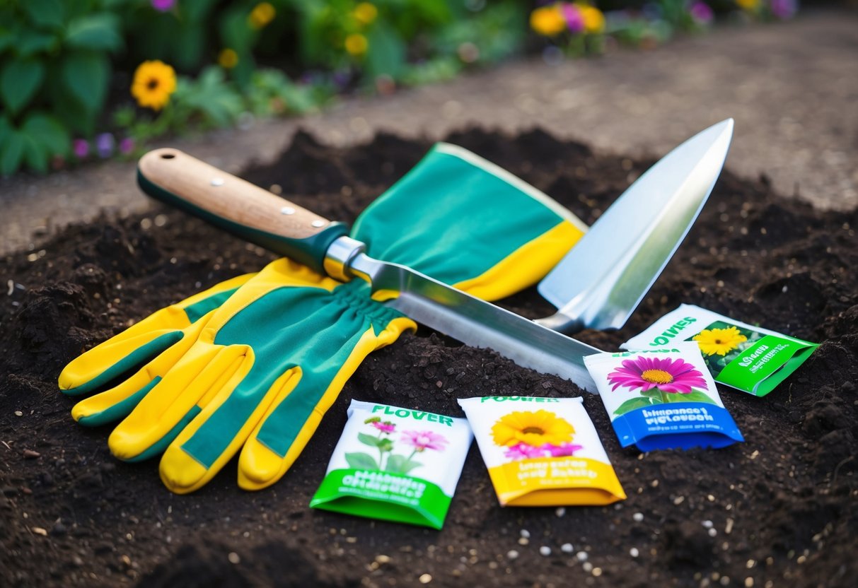 A pair of gardening gloves and a trowel rest on a patch of freshly turned soil, surrounded by colorful packets of flower seeds