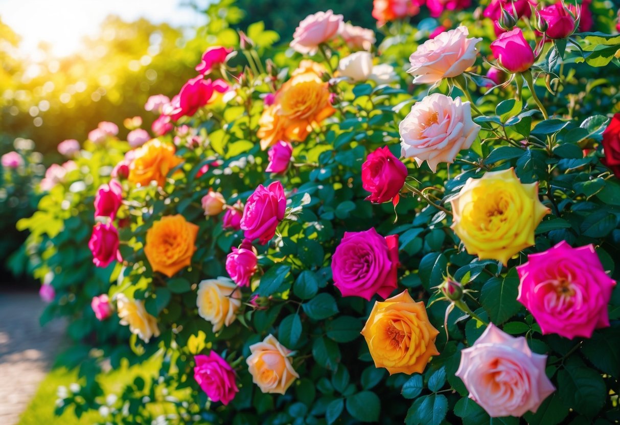 A lush garden filled with vibrant, blooming roses of various colors, basking in the warm sunlight of a summer day