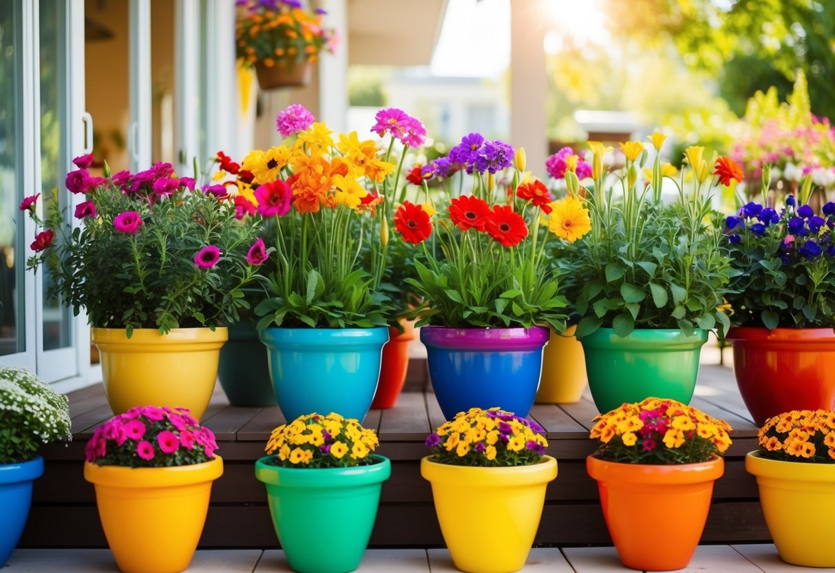 Colorful pots filled with vibrant flowers arranged in varying heights on a sunny patio