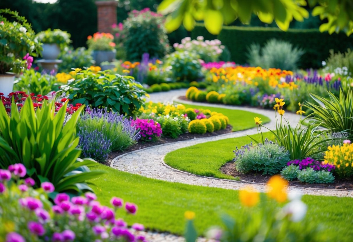 A lush garden with colorful flowers, winding paths, and a variety of plants arranged in a harmonious and visually appealing manner