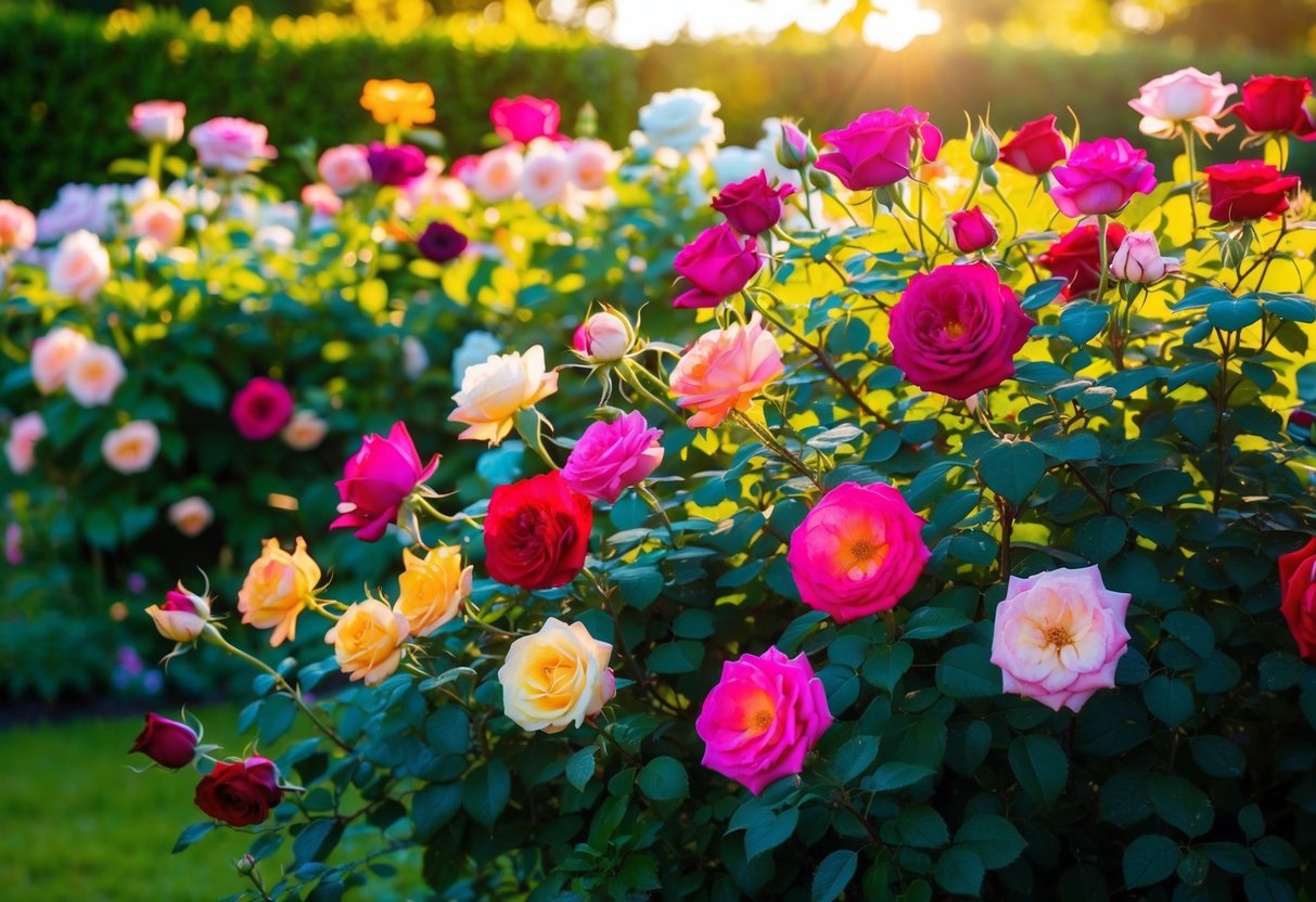 A lush garden filled with vibrant, long-blooming roses in various colors and sizes, surrounded by lush greenery and bathed in warm sunlight