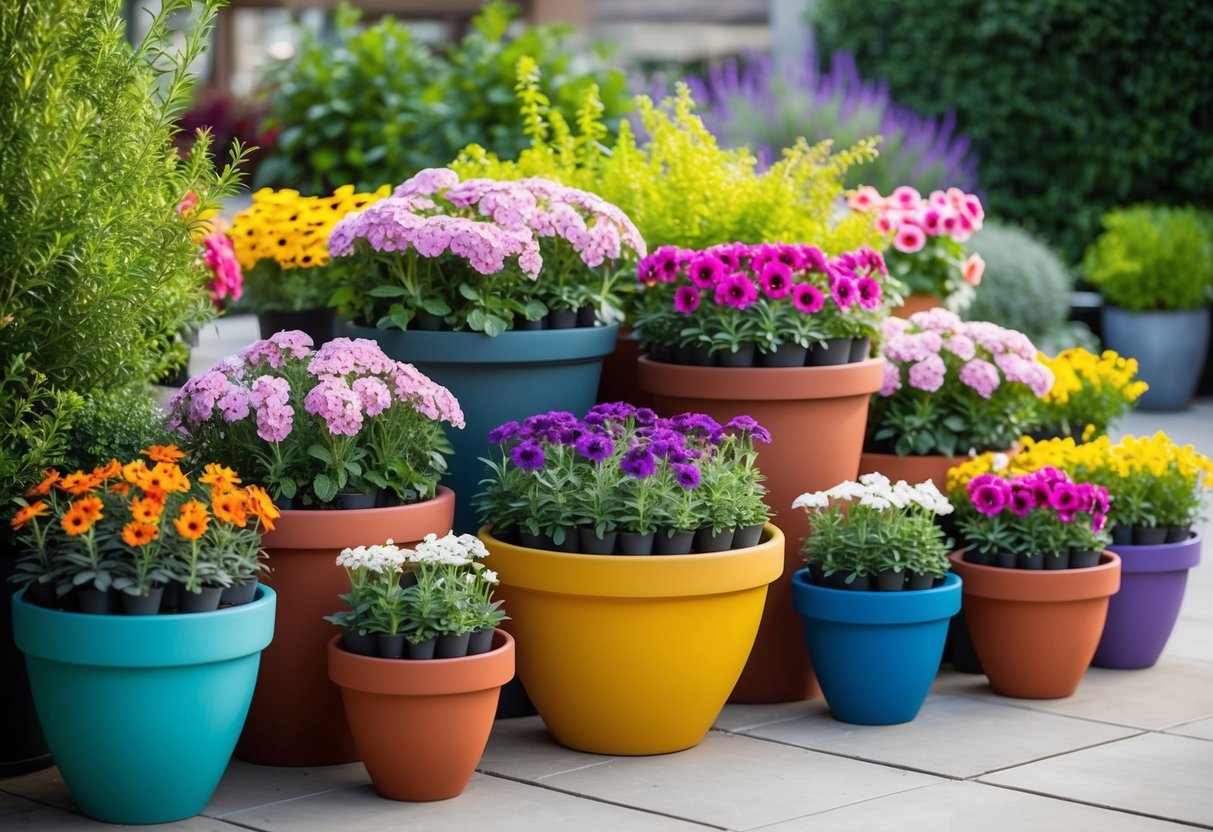 Colorful pots filled with blooming flowers, arranged in a variety of sizes and heights, surrounded by lush greenery and placed on a patio or outdoor garden space