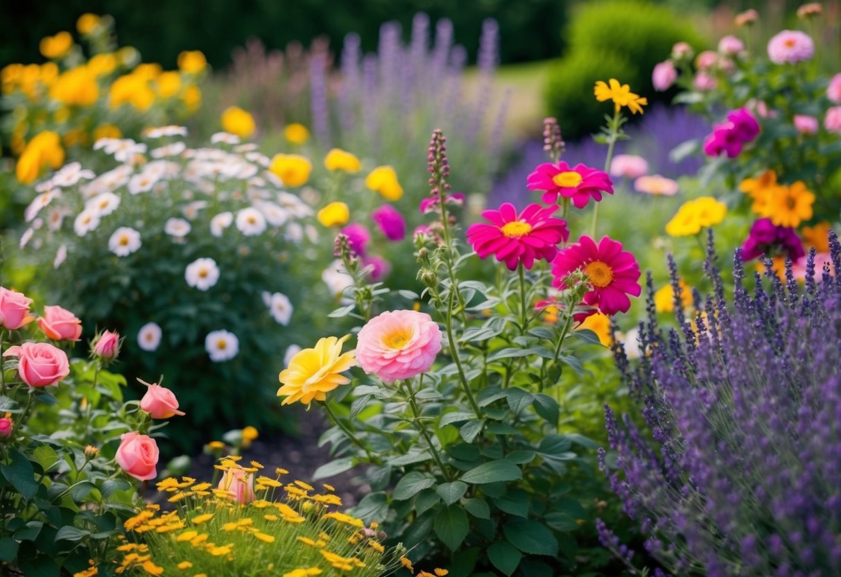 A colorful garden with a variety of perennial flowers in full bloom, including roses, daisies, and lavender, creating a vibrant and inviting landscape