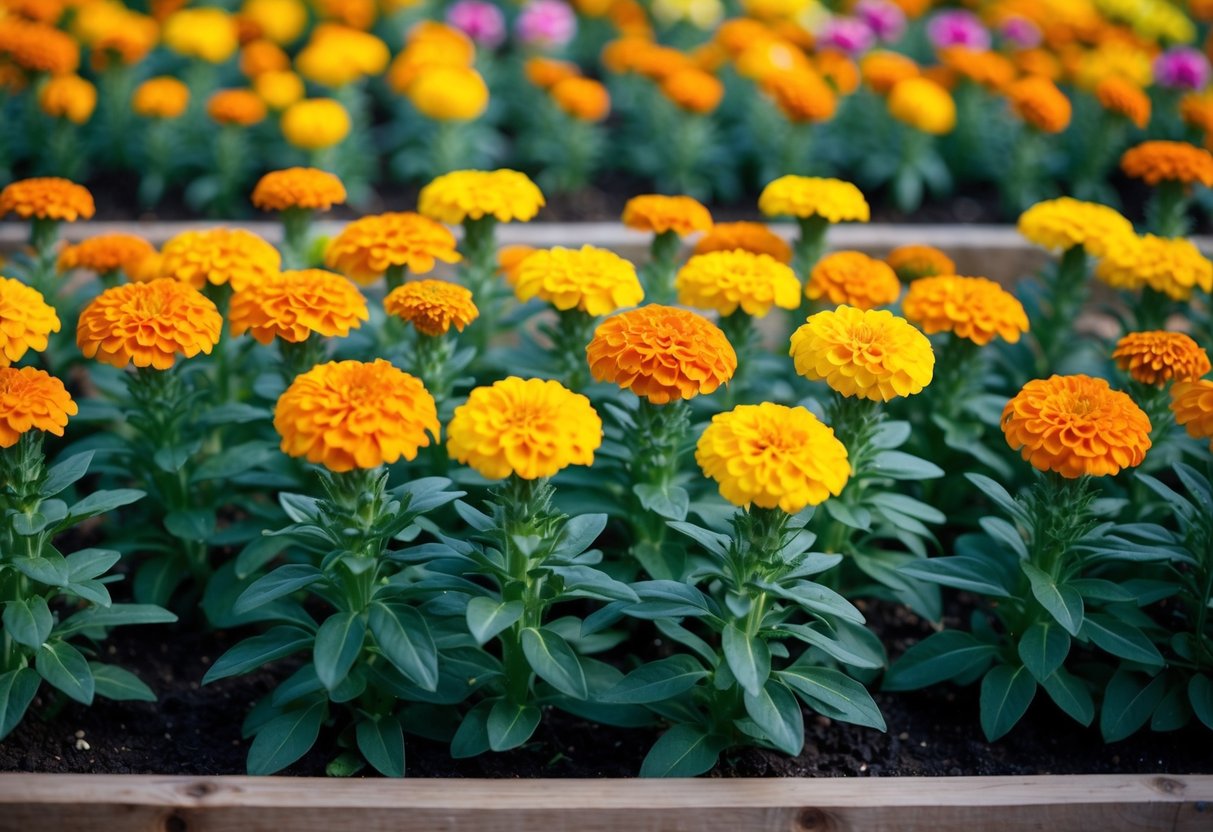 A garden bed with marigold plants arranged closely together, creating a vibrant and colorful display of flowers