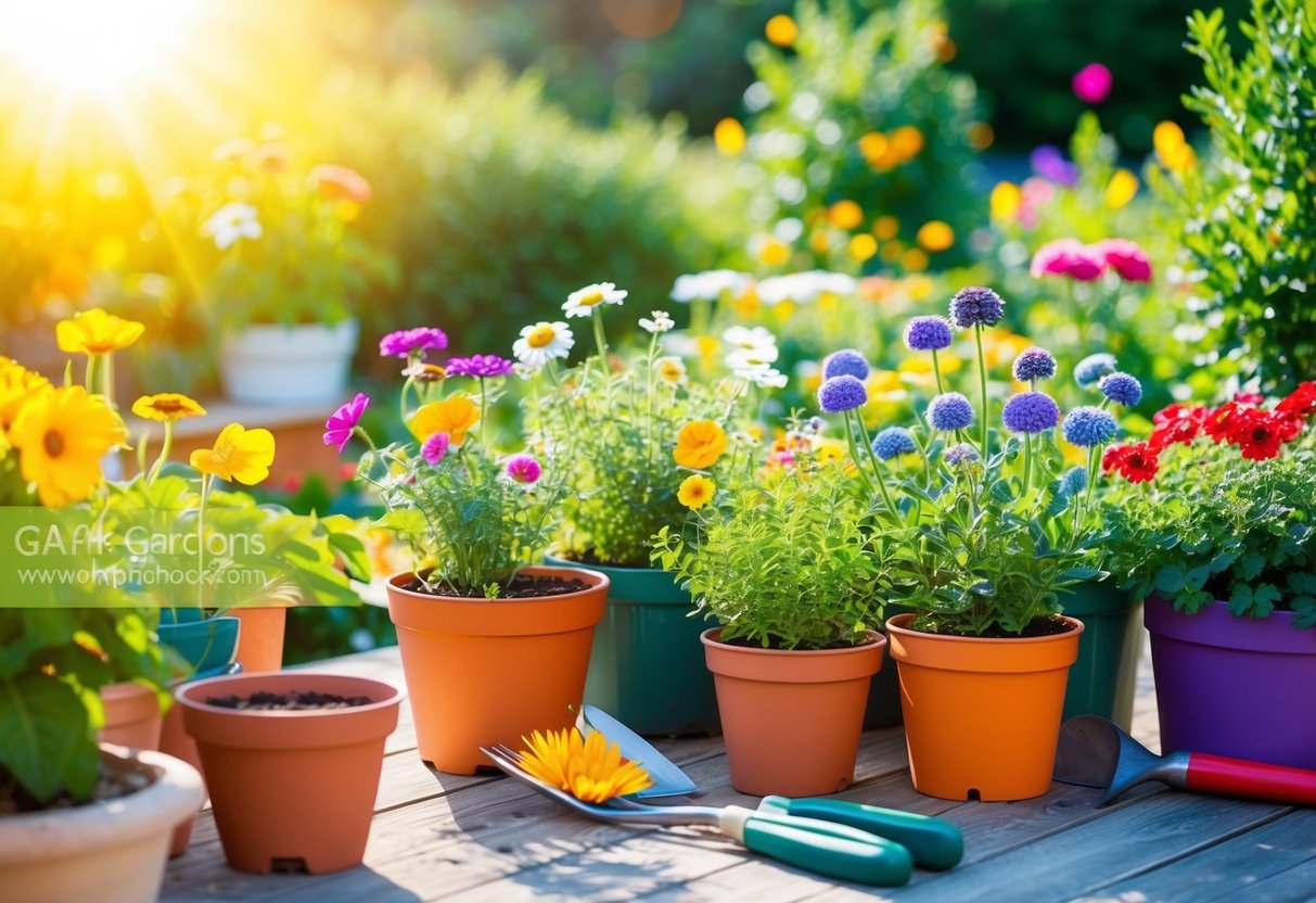 A colorful array of simple, low-maintenance flowers in pots and garden beds, with bright sunlight and a few gardening tools nearby