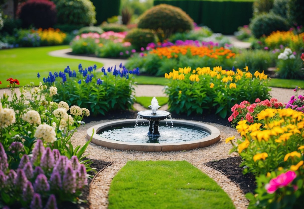 A lush garden with colorful perennial flowers in full bloom, surrounded by winding paths and a bubbling fountain