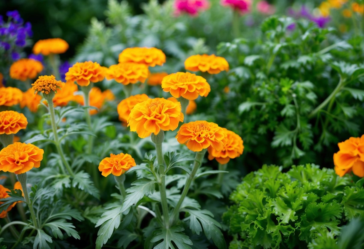 Marigolds thrive with basil and parsley nearby. Planting them close together creates a vibrant and harmonious garden scene