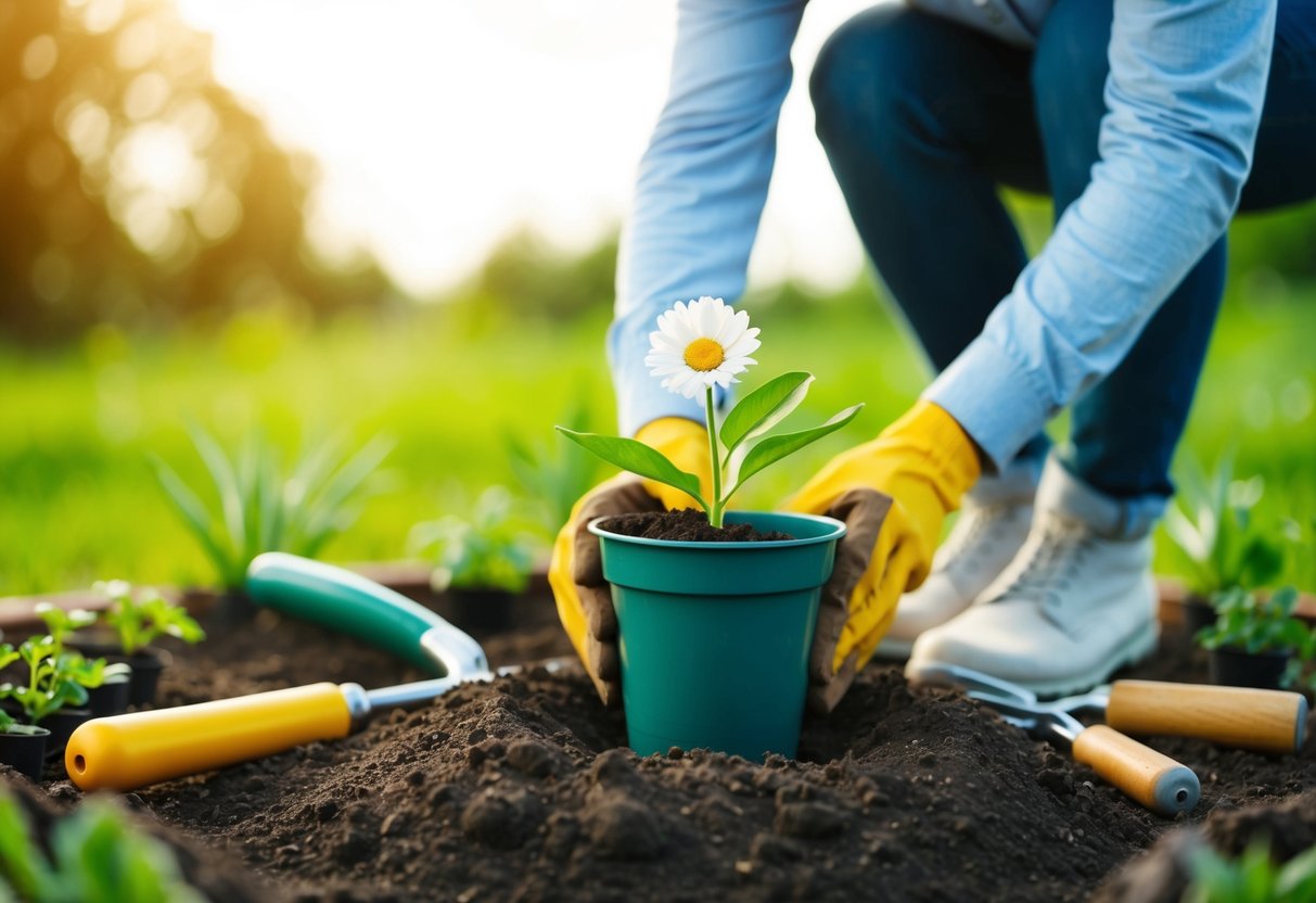 A person planting a simple flower in a pot, surrounded by gardening tools and soil