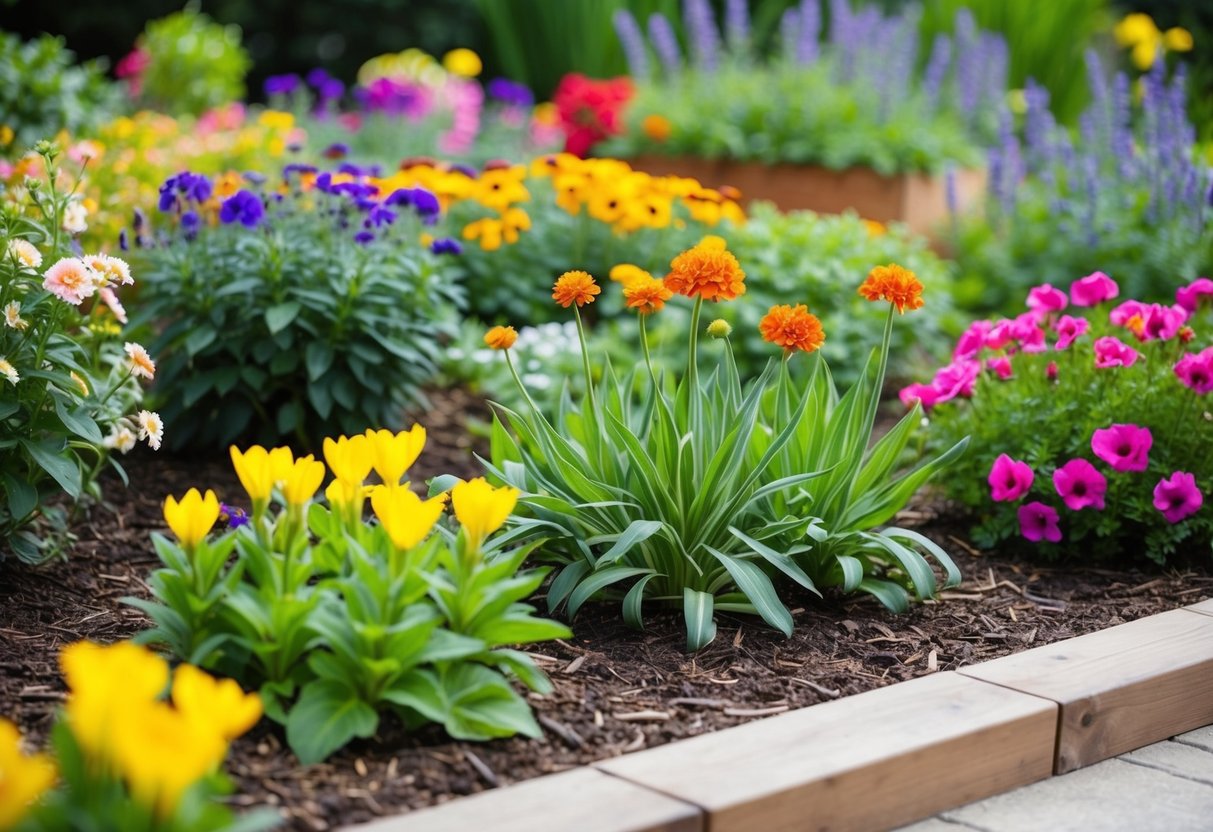 A colorful garden bed with a variety of perennial flowers in full bloom, surrounded by well-maintained soil and mulch