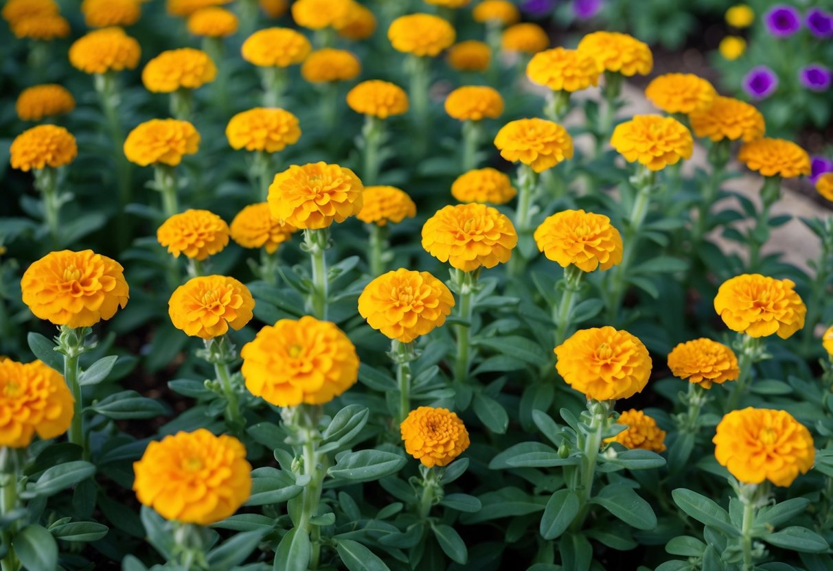 A garden with marigold plants arranged closely together, showing healthy growth and vibrant blooms, while common pests and diseases are kept at bay