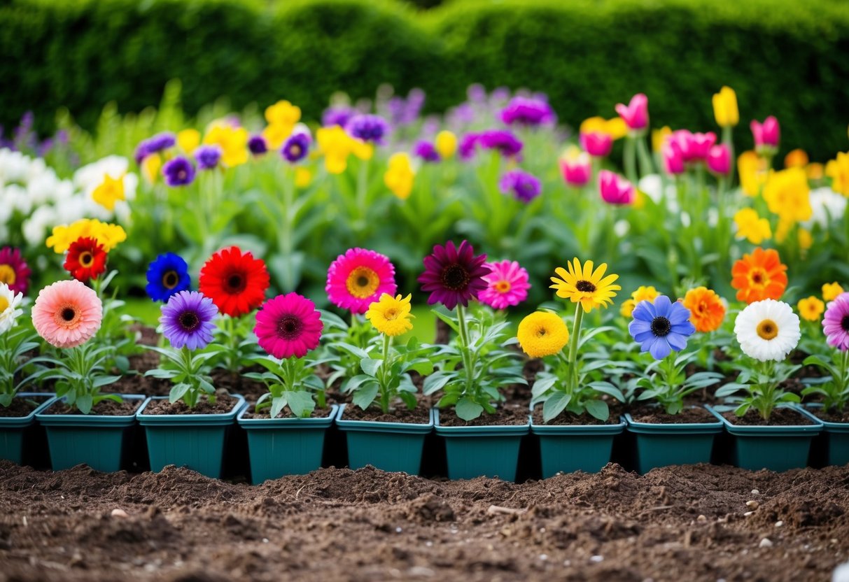 A variety of colorful and easy-to-grow flowers arranged in a neatly organized flower bed with rich soil and a backdrop of greenery