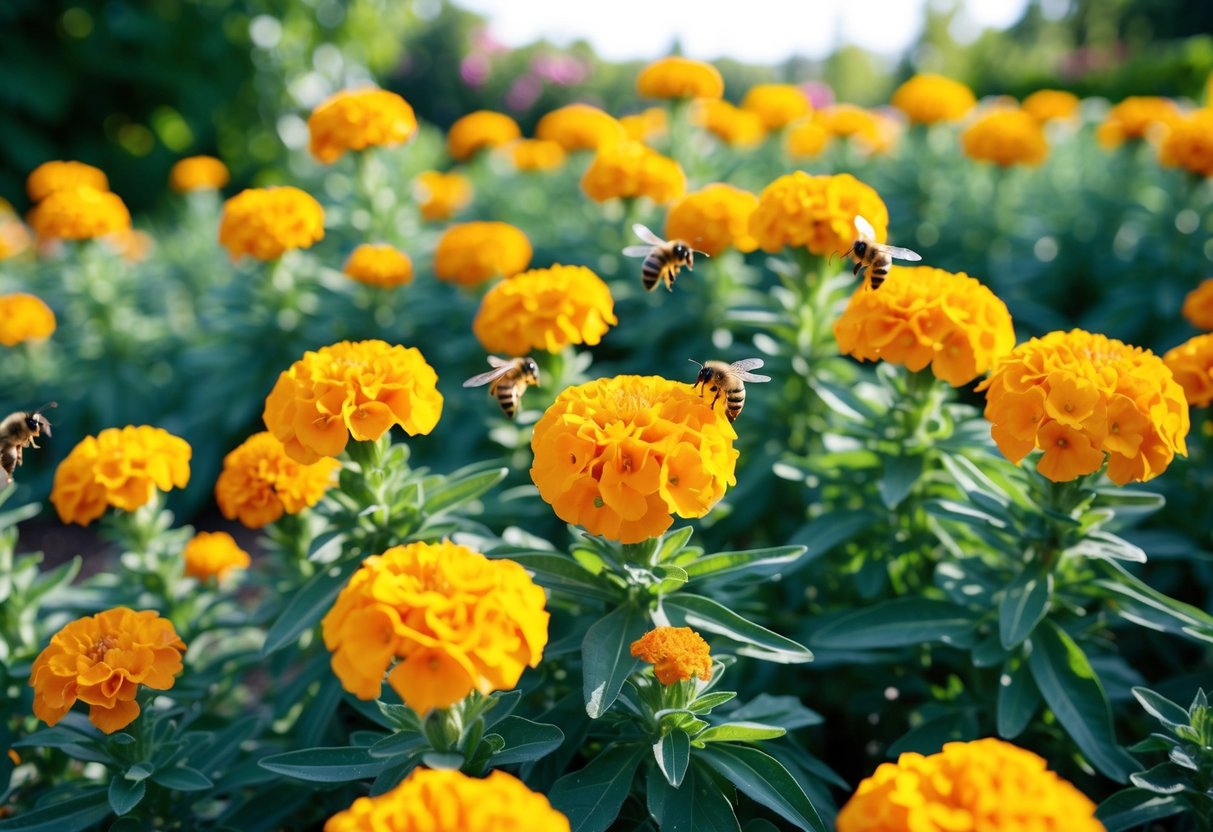 A vibrant garden with marigolds planted close together, thriving in the sunlight with bees buzzing around