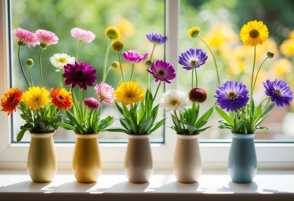 A colorful array of low-maintenance flowers in various stages of bloom, arranged in a simple vase on a sunny windowsill