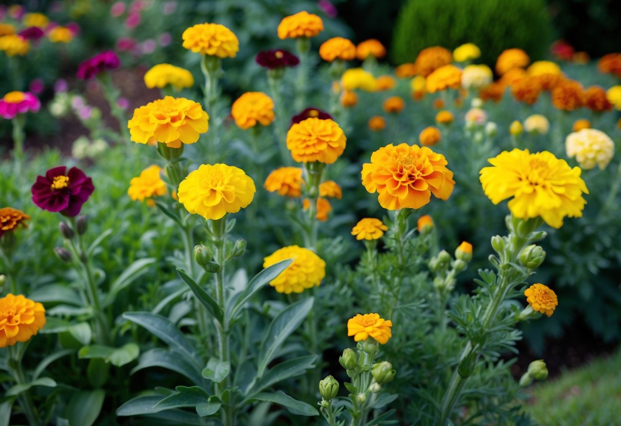 A lush garden with colorful marigold varieties in full bloom, showcasing their vibrant petals and different heights and shapes