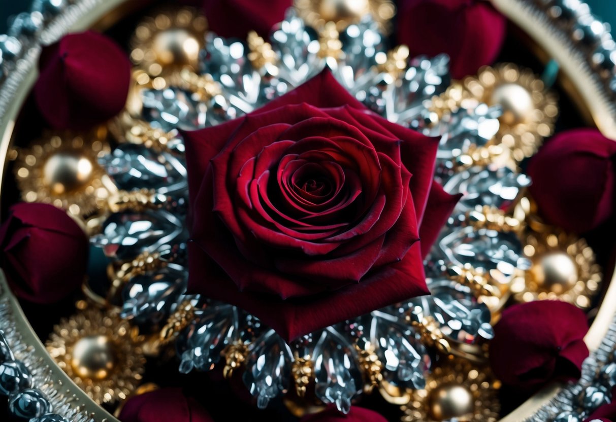 A deep crimson rose surrounded by opulent gold and silver accents