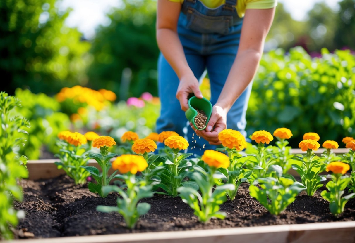 A gardener planting marigold seeds in a sunny garden bed, carefully watering and tending to the young plants as they grow