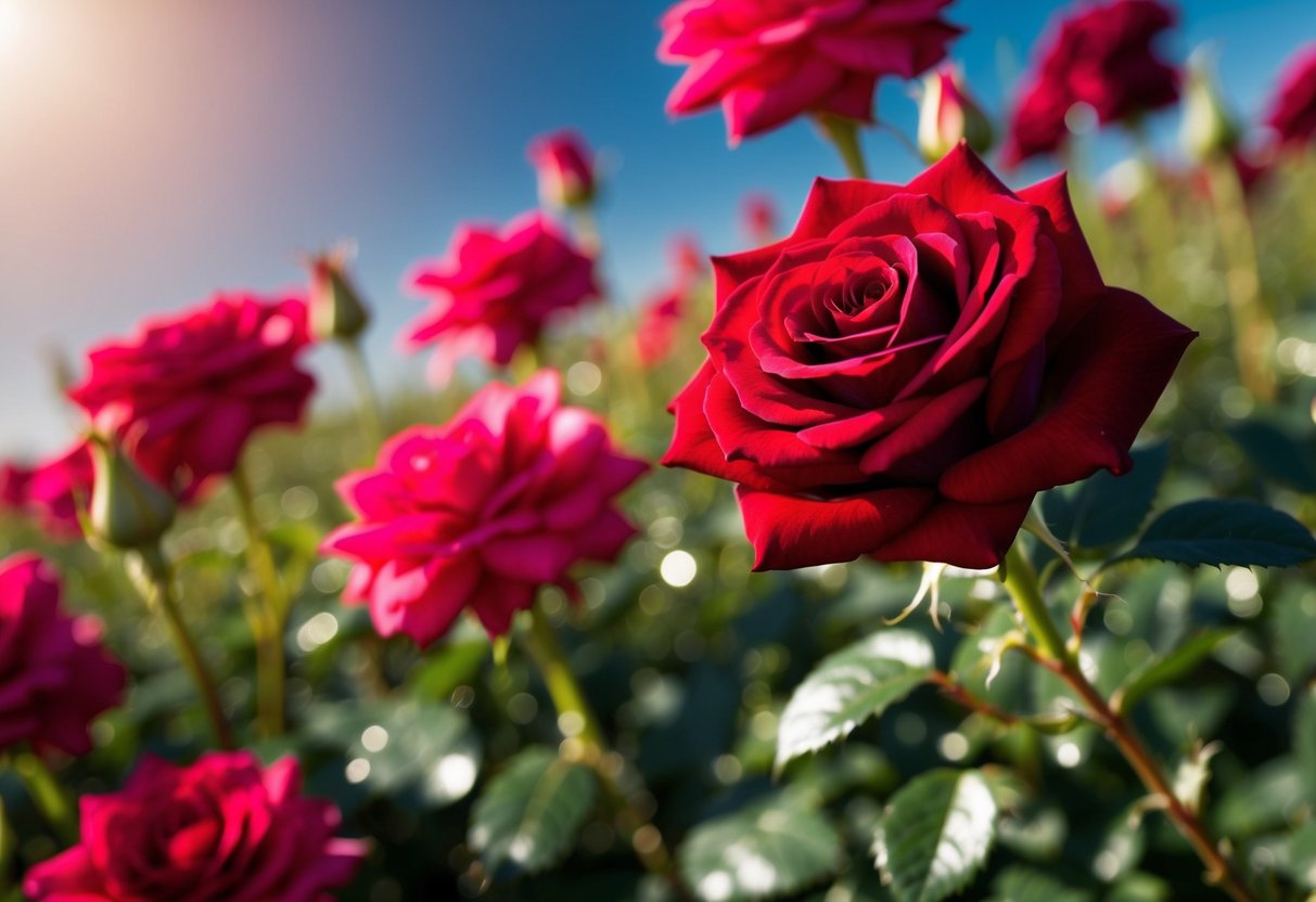 A vibrant, deep red rose stands out among a sea of other flowers, its petals glistening in the sunlight, conveying a sense of luxury and opulence