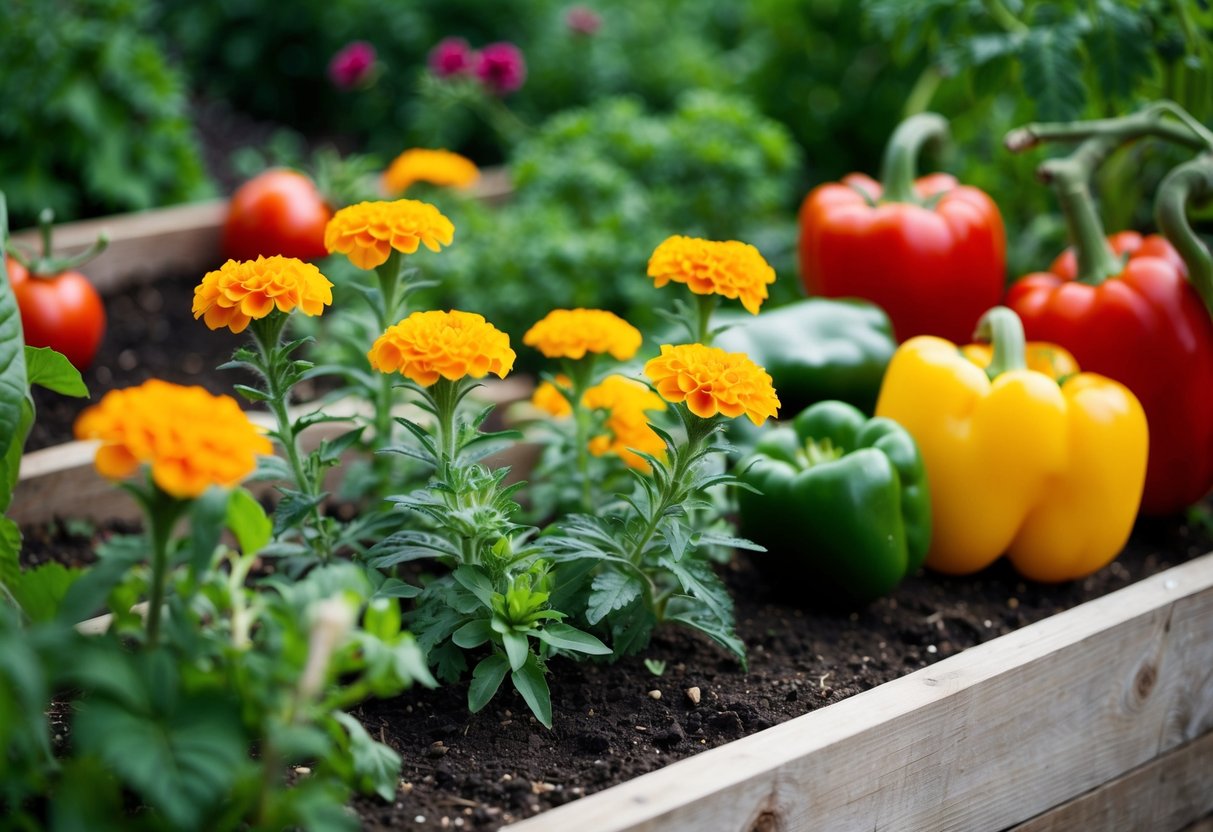 A garden bed with various vegetables and flowers, including marigolds planted alongside tomatoes and peppers