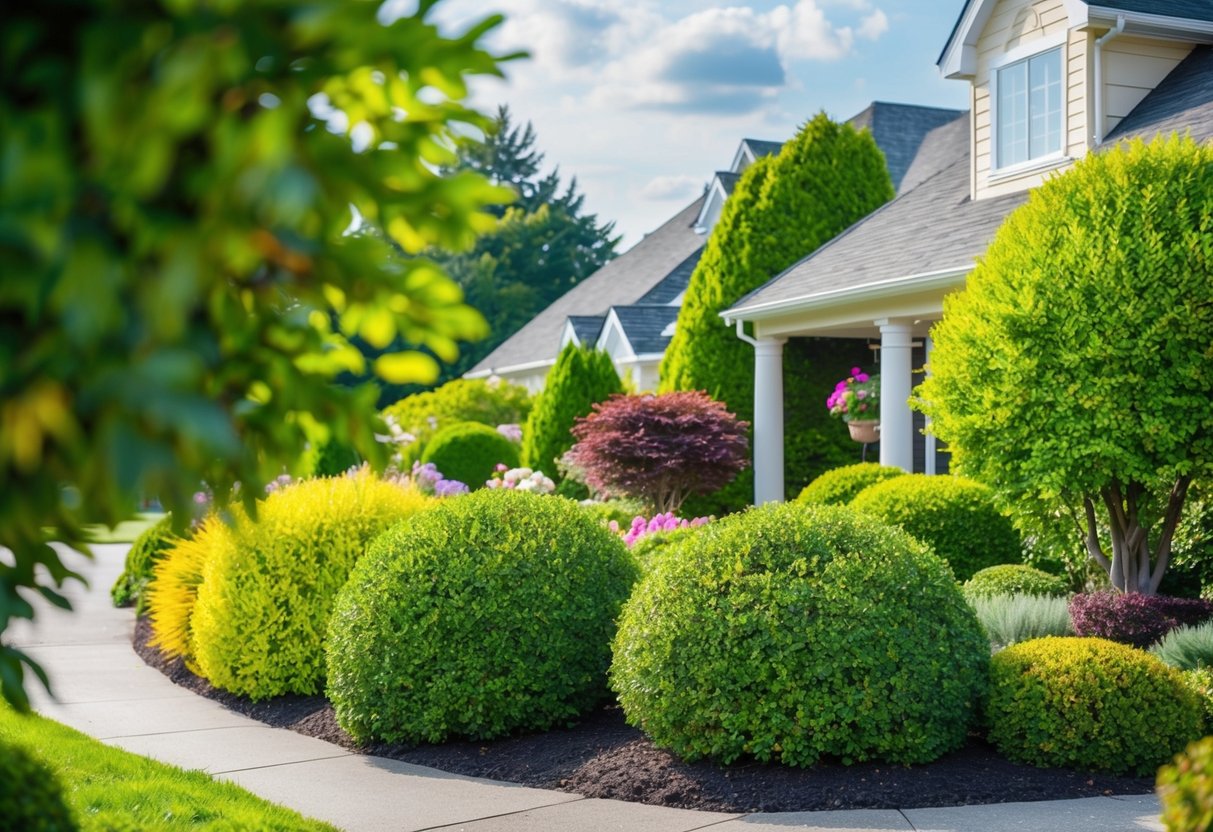 Lush green shrubs and colorful bushes line a well-manicured front garden, creating a vibrant and inviting entrance to the home