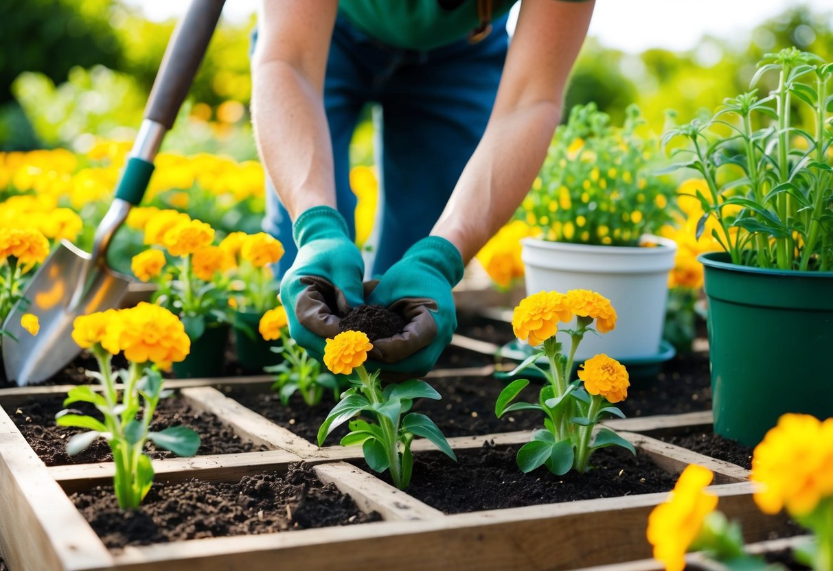 A gardener planting marigold seeds in a sunny garden bed, surrounded by gardening tools and pots of seedlings