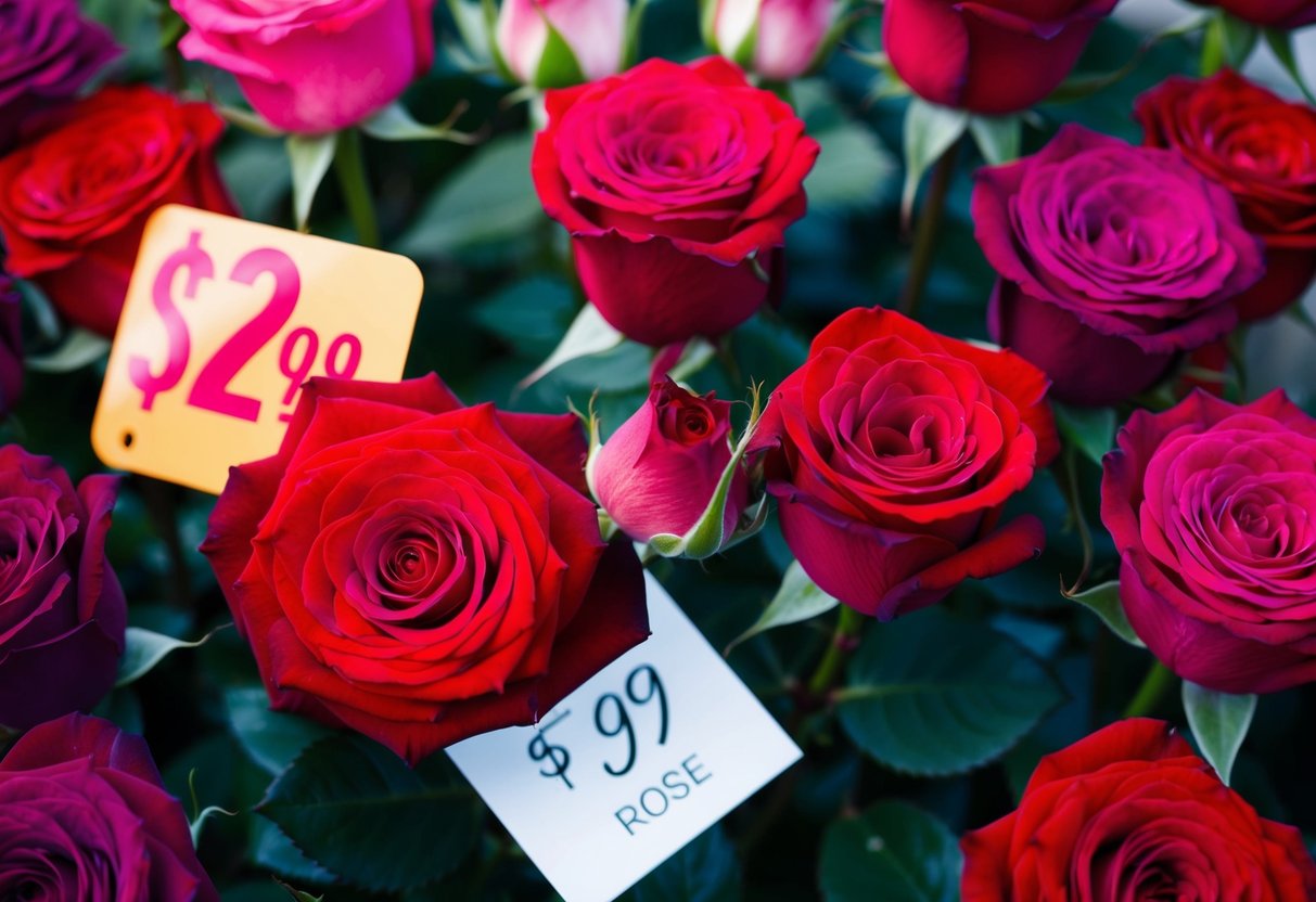 A vibrant red rose surrounded by several other roses in various colors, with a price tag displayed next to it