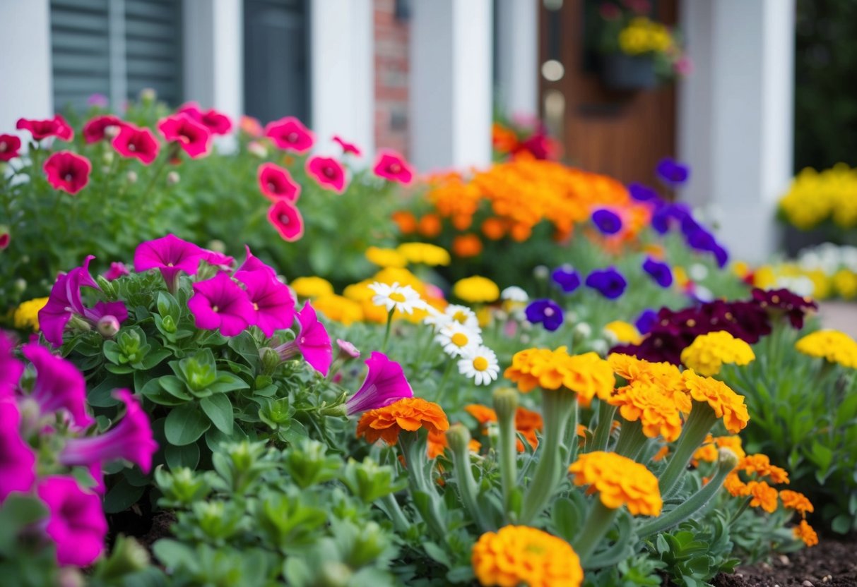 Vibrant petunias, daisies, and marigolds bloom in a neatly manicured front garden, creating a colorful and inviting display