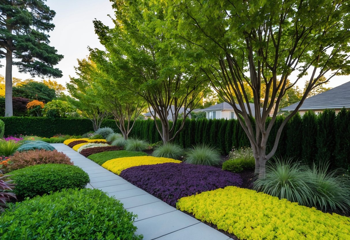 A variety of colorful ground covers and tall, leafy trees create a structured and inviting front garden