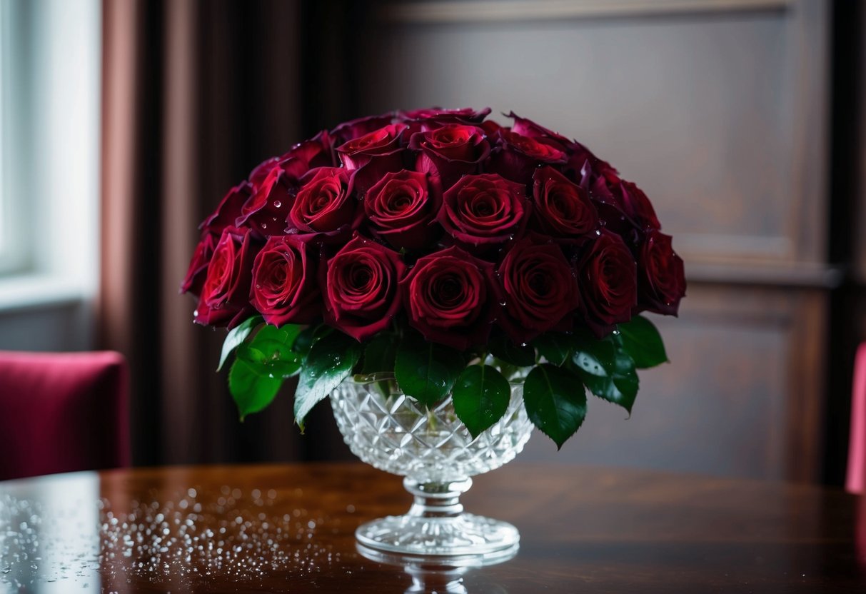 A luxurious bouquet of deep, velvety red roses, carefully arranged in a crystal vase, with delicate droplets of water glistening on the petals