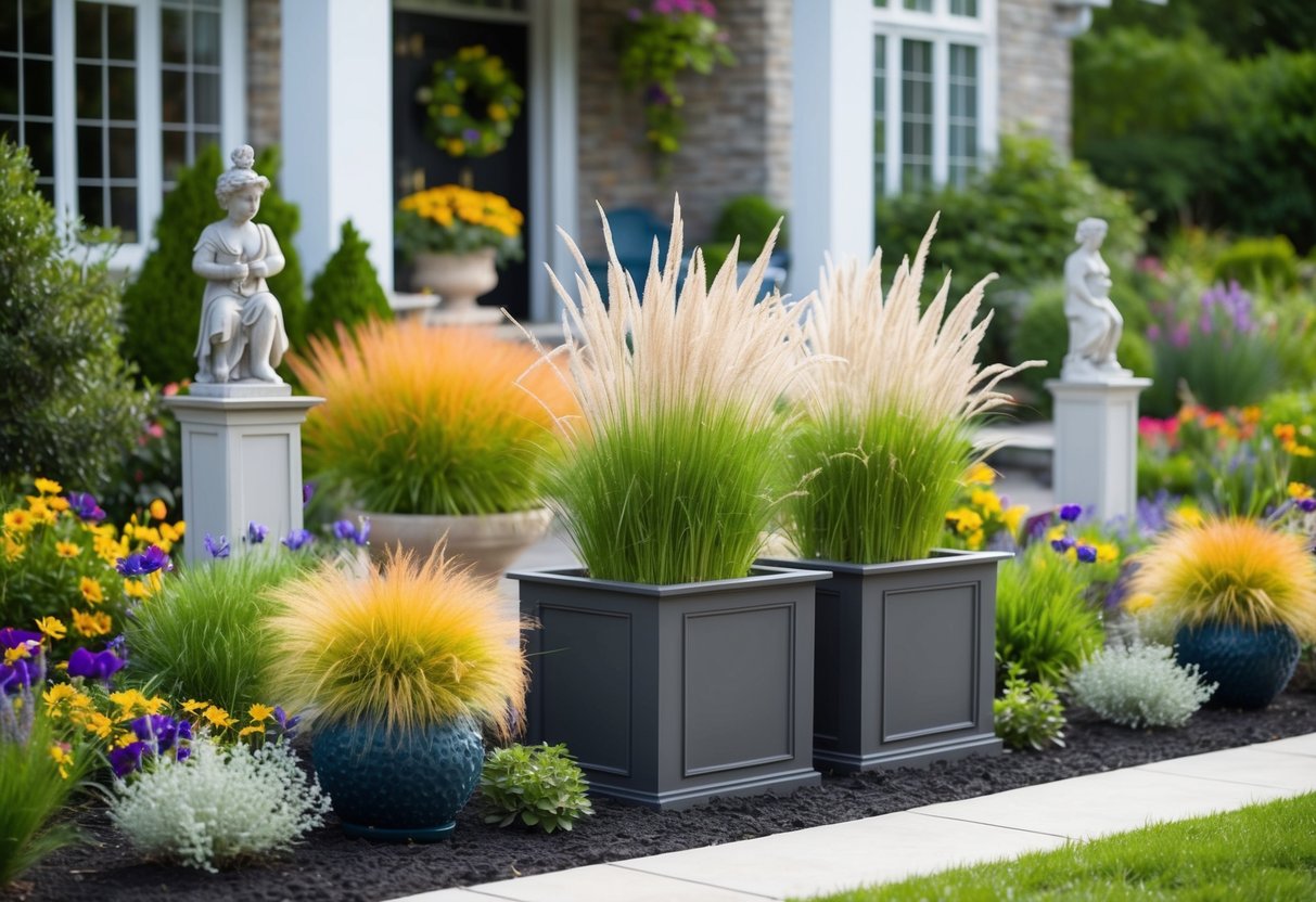 A front garden with colorful flowers and ornamental grasses, accented with decorative planters and garden statues