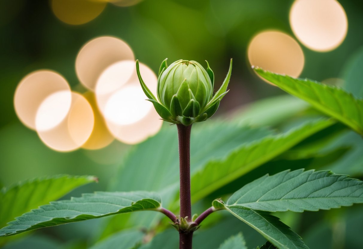 A closed bud on a tall stem surrounded by lush green leaves