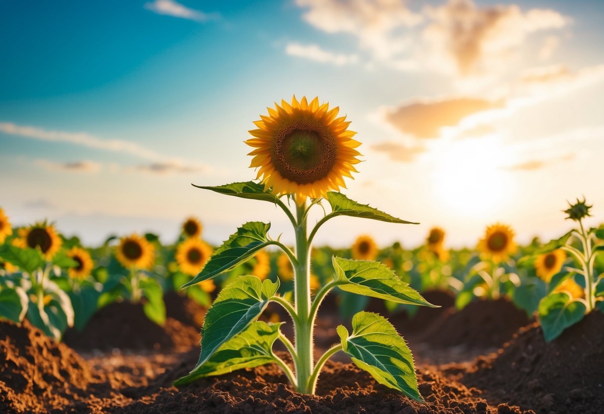 A sunflower plant reaching towards the sky, surrounded by rich soil and bathed in warm sunlight, with a small, closed bud at the top