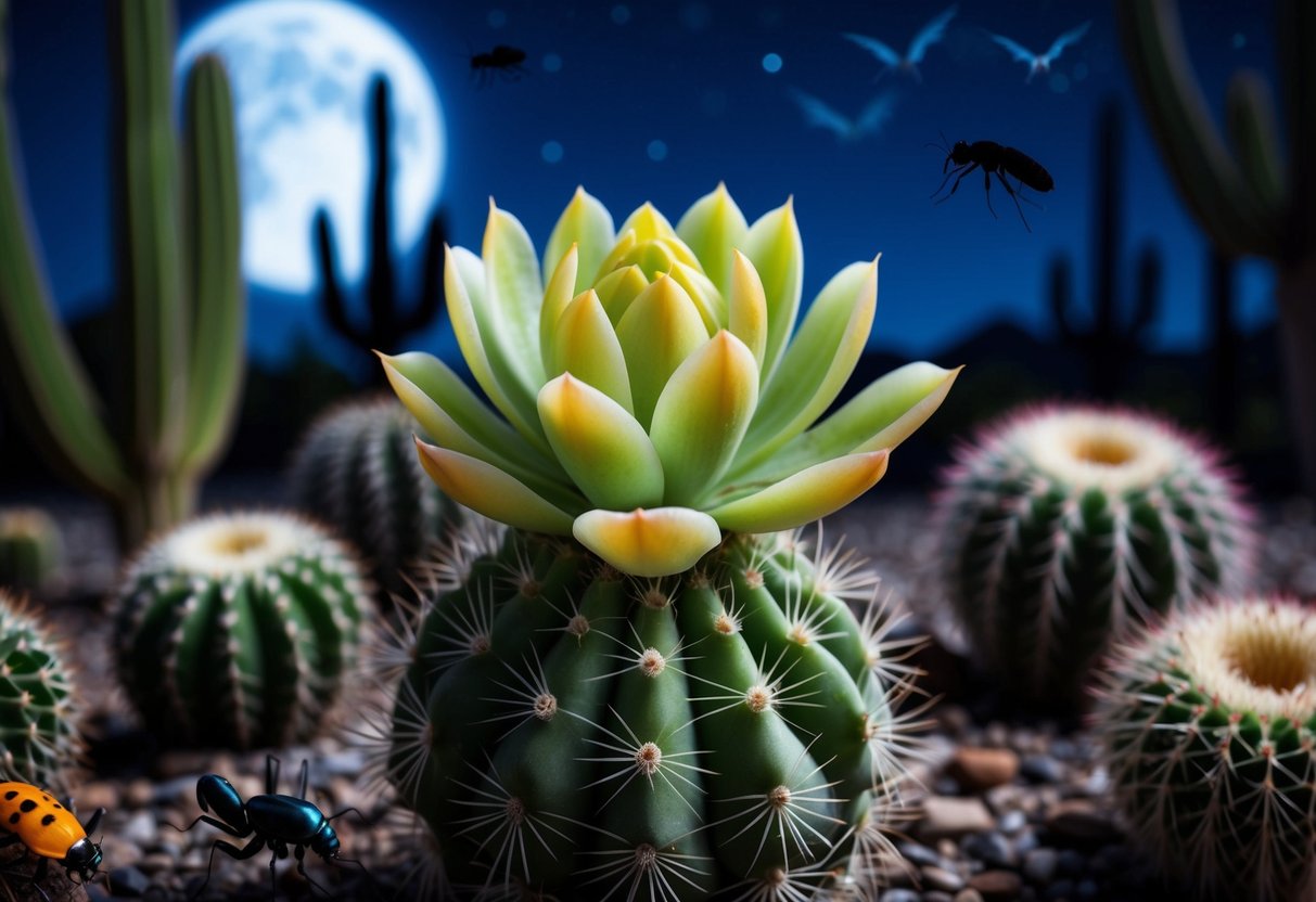 A closed bud of a night-blooming cereus, surrounded by moonlit cacti and a variety of nocturnal insects and animals