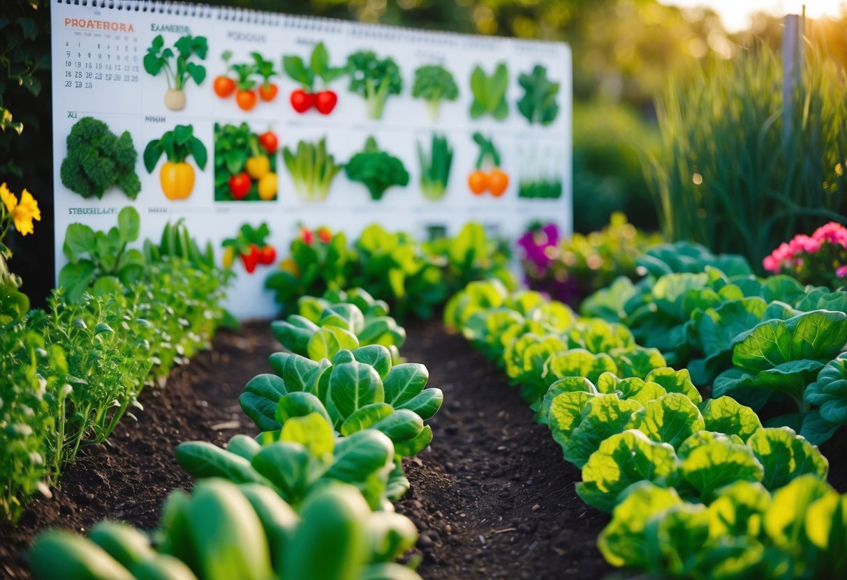 A garden with a variety of vegetables growing in neat rows, with a calendar in the background showing different plants for each month