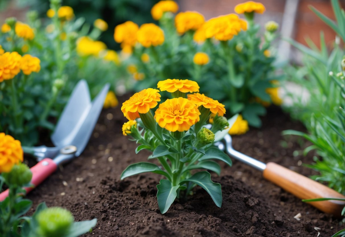 A marigold plant blooms in a garden, surrounded by freshly tilled soil and gardening tools