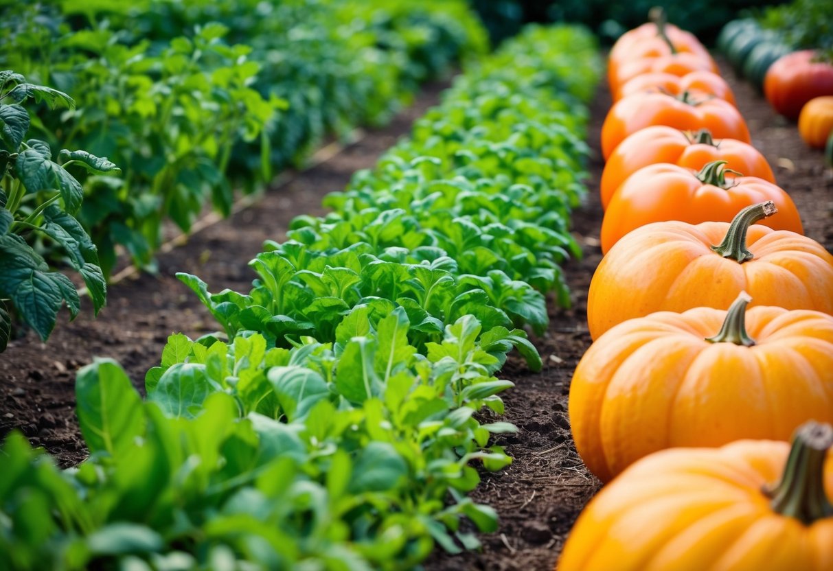 A garden with rows of various crops growing, from leafy greens in June to ripe tomatoes and pumpkins in August