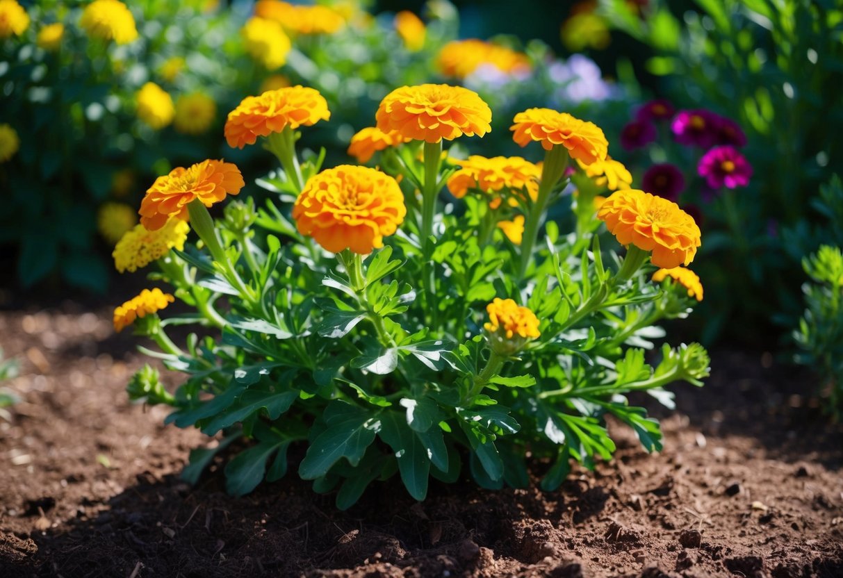 A vibrant marigold plant thrives in a sunny garden, surrounded by rich soil and well-maintained with regular watering and pruning