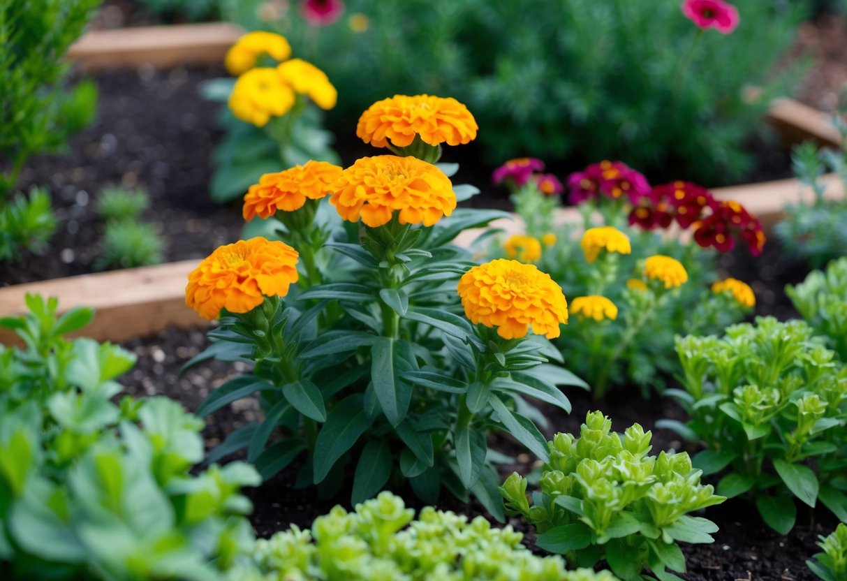 A flourishing marigold plant surrounded by thriving companion plants in a garden bed