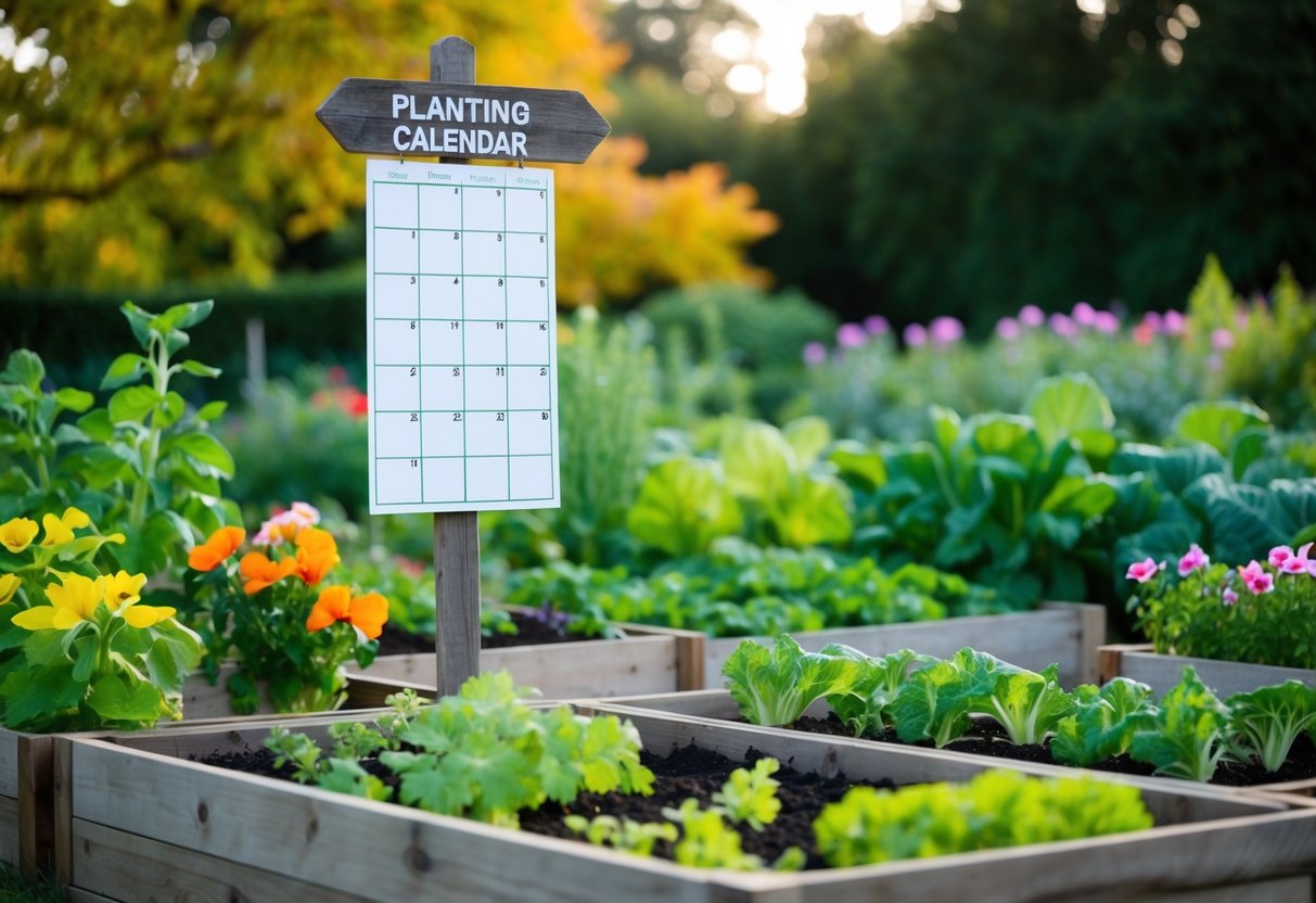 A garden with changing foliage and planting calendar on a rustic wooden signpost. Various vegetables and flowers being planted in raised beds