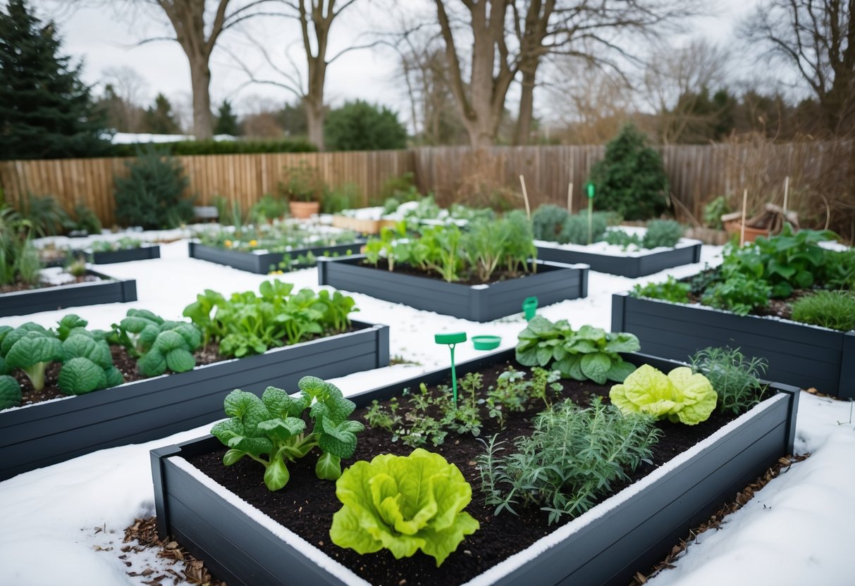 A garden with snow-covered soil, bare trees, and a variety of winter vegetables and herbs being planted in raised beds and containers