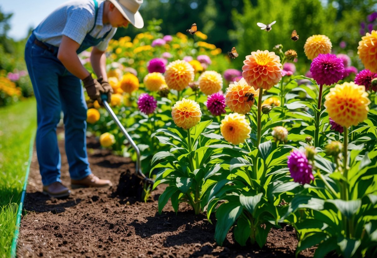 A gardener plants dahlias in rich, well-drained soil. The sun shines as the flowers grow tall and vibrant, attracting bees and butterflies